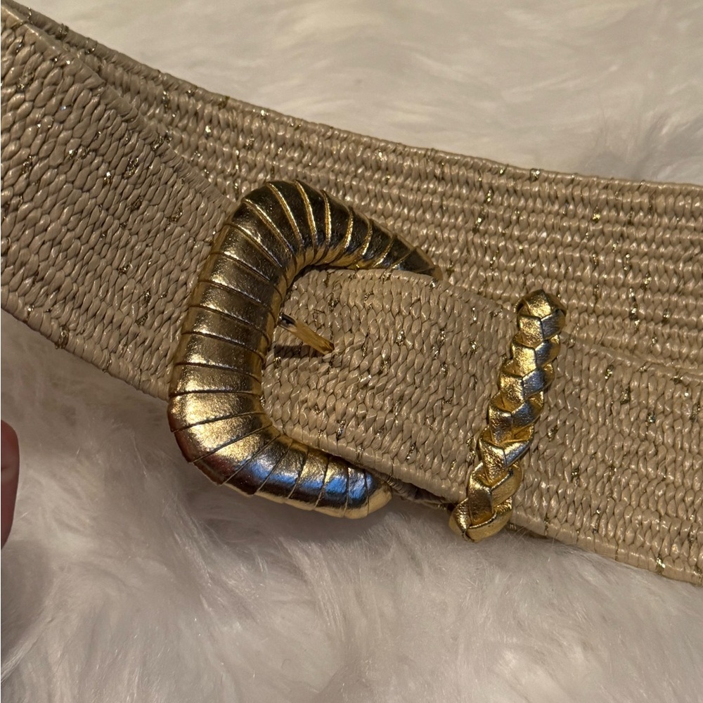 Vintage 80’s 90’s Wide Belt Gold Metallic Raffia Elastic Stretch Sz S-XL